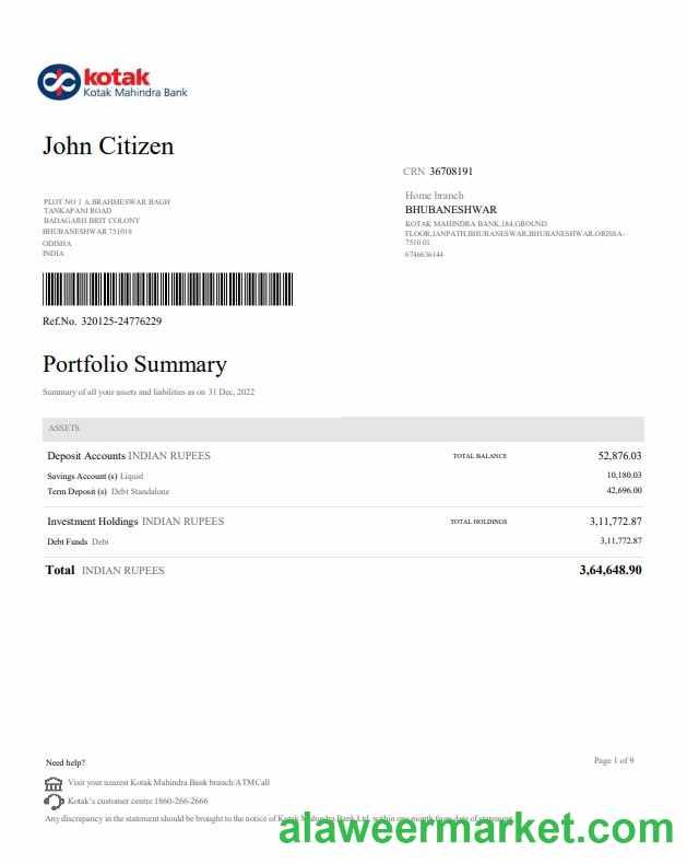 India Kotak Mahindra Bank statement template, Word and PDF format, 4 pages, version 2
